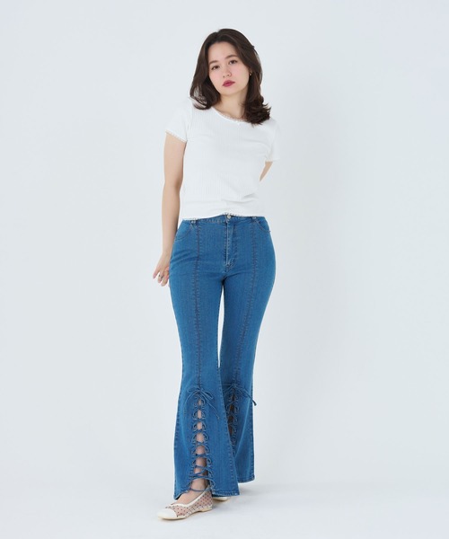 レース付き 半袖リブカットソー TINA：JOJUN（Tシャツ