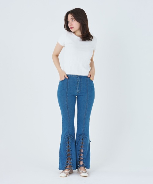 TINA：JOJUN（ティーナジョジュン）の「レース付き 半袖リブカットソー TINA：JOJUN（Tシャツ/カットソー・レディース・オフホワイト/ホワイト×ネイビー・M）」の3枚目の写真