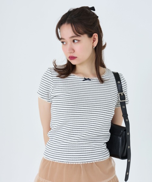 TINA：JOJUN（ティーナジョジュン）の「レース付き 半袖リブカットソー TINA：JOJUN（Tシャツ/カットソー・レディース・オフホワイト/ホワイト×ネイビー・M）」の11枚目の写真