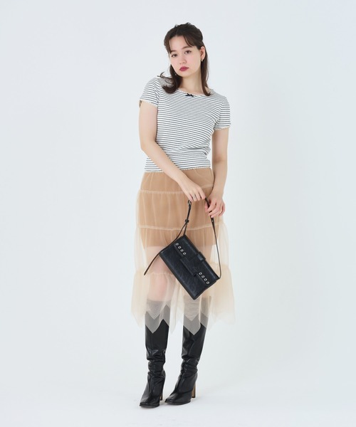 レース付き 半袖リブカットソー TINA：JOJUN（Tシャツ