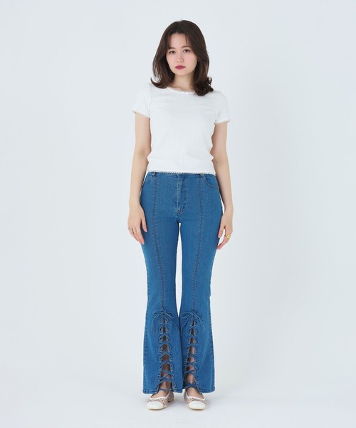 TINA：JOJUN（ティーナジョジュン）の「レース付き 半袖リブカットソー TINA：JOJUN（Tシャツ/カットソー・レディース・オフホワイト/ホワイト×ネイビー・M）」の6枚目の写真