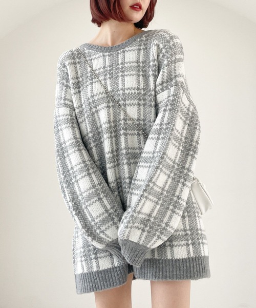 Heather(ヘザー)の「チェックチュニックニット 973209(ニット/セーター・レディース・ピンク/グレー/ブラウン/ブラック/ブルー・FREE)」の2枚目の写真