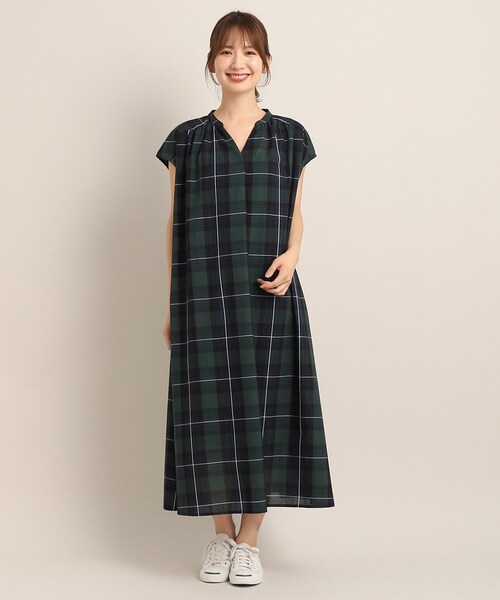 アンタイトル ワンピース 洗える とろみ素材 チェック フレンチスリーブ 黒M アンタイトル UNTITLED ワンピース ひざ丈 チェック フレンチ