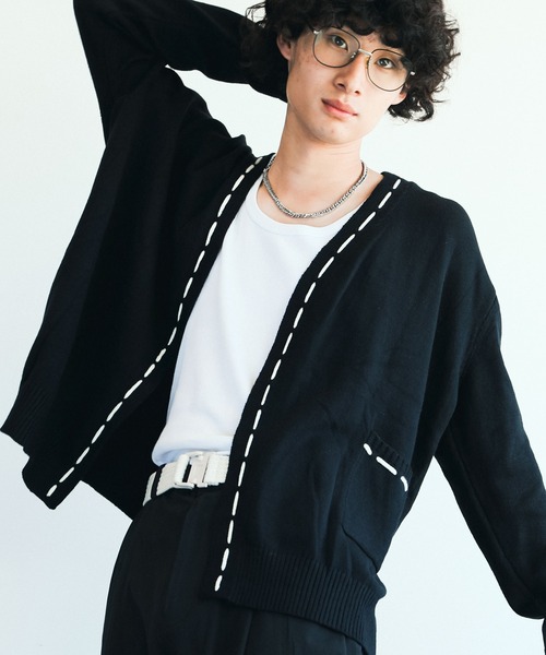 aimoha(アイモハ)の「aimoha men 紐ステッチオーバーサイズカーディガン(カーディガン/ボレロ・メンズ・ホワイト/ブラック・XL/M/L)」の2枚目の写真