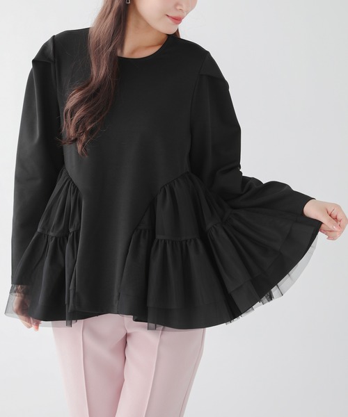 Fit more(フィットモア)の「【ZOZO限定カラー】チュール切り替えペプラムカットソーロングスリーブ(Tシャツ/カットソー・レディース・ホワイト/ブラック/ベージュ・FREE)」の10枚目の写真