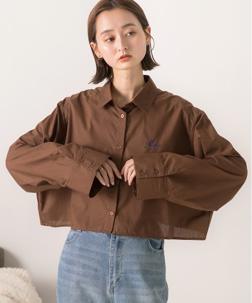 セール】無地・ストライプ 刺繍入り ショート丈シャツ（シャツ