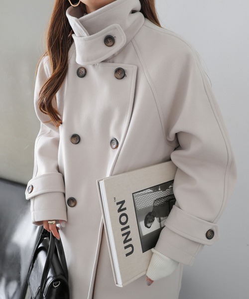 andme（アンドミー）の「ニットモッサスタンドカラー2wayコート（ステンカラーコート・レディース・ブラウン/ブラック/アイボリー/グレイッシュベージュ・M/L）」の18枚目の写真