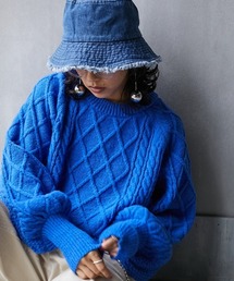 ＜大きいサイズ＞ ボリュームスリーブケーブルニットプルオーバー GEVS.