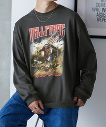 ビッグシルエット ヴィンテージライクロックデザインプリント長袖Tシャツ