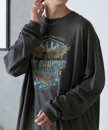 ビッグシルエット ヴィンテージライクロックデザインプリント長袖Tシャツ