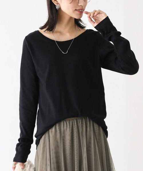 n'OrLABEL（ノアールレーベル）の「【機能素材】『ラウンドネックロンT』（Tシャツ/カットソー・レディース・ブラック/モカ/アイボリー/グレイッシュベージュ/ネイビー/チャコール/ボルドー・L/M/LL）」の2枚目の写真