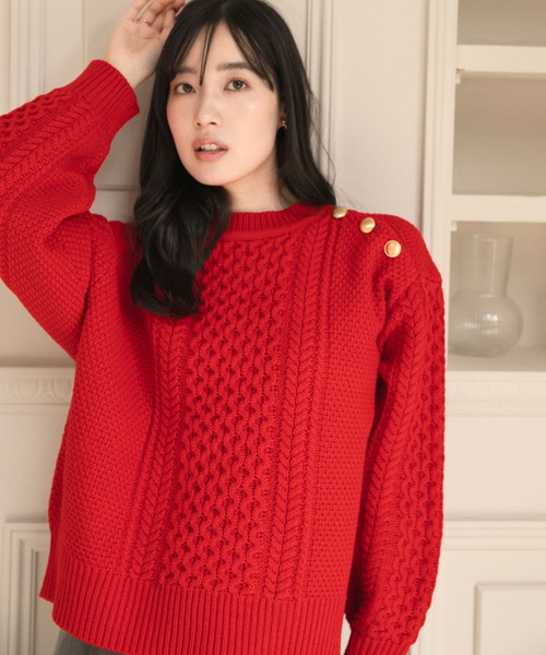 HEYUMM（ヘユム）の「メタルボタンケーブルセーター（ニット/セーター・レディース・アイボリー/ネイビー/レッド・ONE）」の17枚目の写真