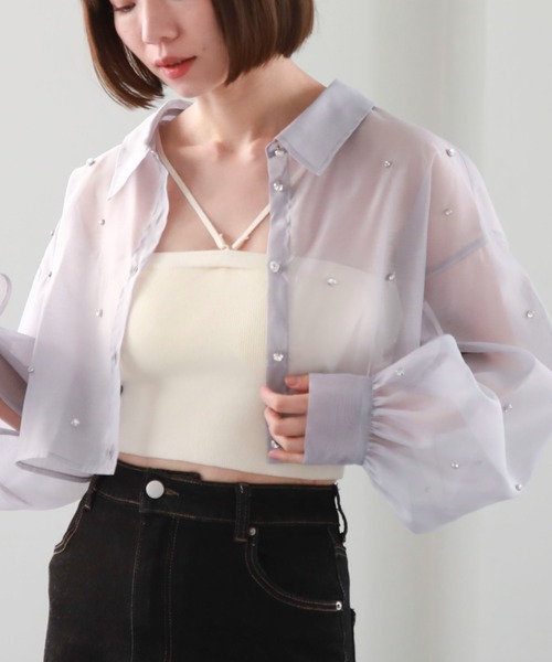 archives(アルシーヴ)の「ビジューシアーショートシャツ(シャツ/ブラウス・レディース・オフホワイト/グレー/ブラック/ピンク・MEDIUM)」の14枚目の写真