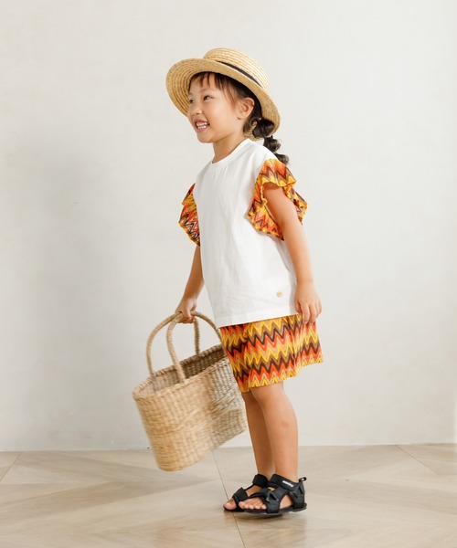 MAKE YOUR DAY（メイクユアデイ）の「セットアップできる異素材フリル半袖Tシャツ■80～140cm（Tシャツ/カットソー・キッズ・グリーン/オレンジ/ピンク・90/130/80/100/110/120/140）」の6枚目の写真