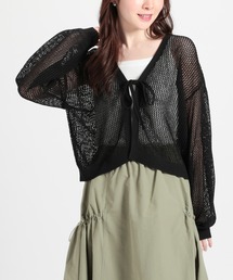 リボン付きメッシュ編カーディガン