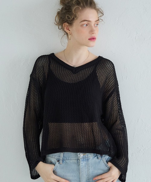 coca（coca）（コカ）の「Vネックメッシュニット（ニット/セーター・レディース・ブラック/アイボリー・L/M）」の2枚目の写真