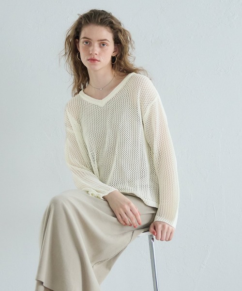 coca（coca）（コカ）の「Vネックメッシュニット（ニット/セーター・レディース・ブラック/アイボリー・L/M）」の8枚目の写真