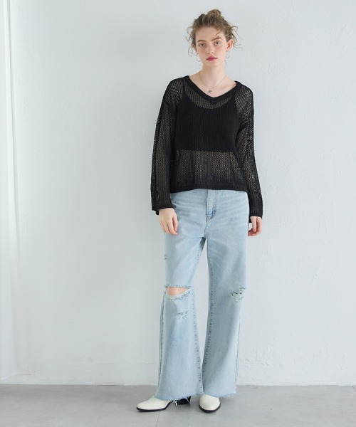 coca（coca）（コカ）の「Vネックメッシュニット（ニット/セーター・レディース・ブラック/アイボリー・L/M）」の3枚目の写真