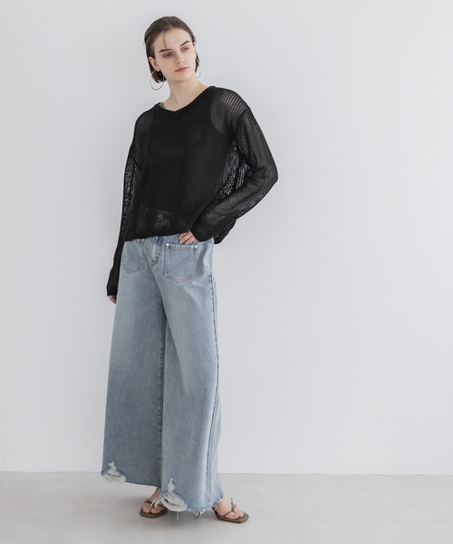 coca（coca）（コカ）の「Vネックメッシュニット（ニット/セーター・レディース・ブラック/アイボリー・L/M）」の6枚目の写真