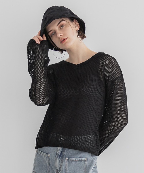 coca（coca）（コカ）の「Vネックメッシュニット（ニット/セーター・レディース・ブラック/アイボリー・L/M）」の7枚目の写真