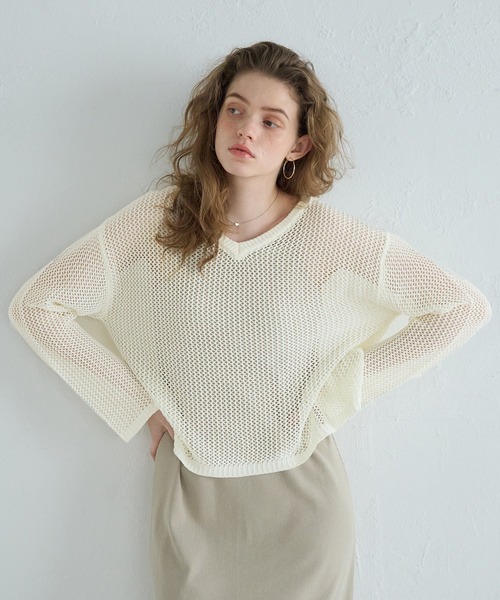 coca（coca）（コカ）の「Vネックメッシュニット（ニット/セーター・レディース・ブラック/アイボリー・L/M）」の11枚目の写真