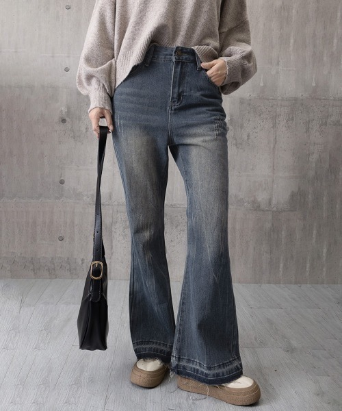 セール】【6サイズ展開】レトロ フレアデニムパンツ ローエッジ