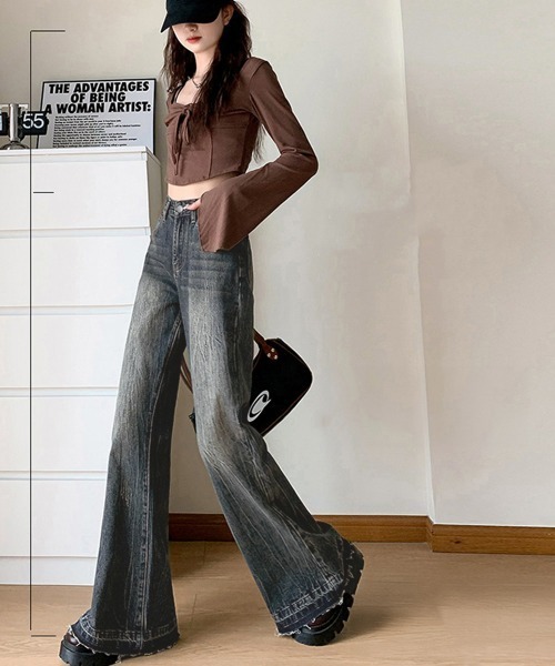 Miniministore（ミニミニストア）の「【6サイズ展開】レトロ フレアデニムパンツ ローエッジ（デニムパンツ・レディース・インディゴブルー/ブラック/サックスブルー/ブルー/ダークインディゴブルー/ブラック系・M/XL/S/L/XS/2XL）」の11枚目の写真