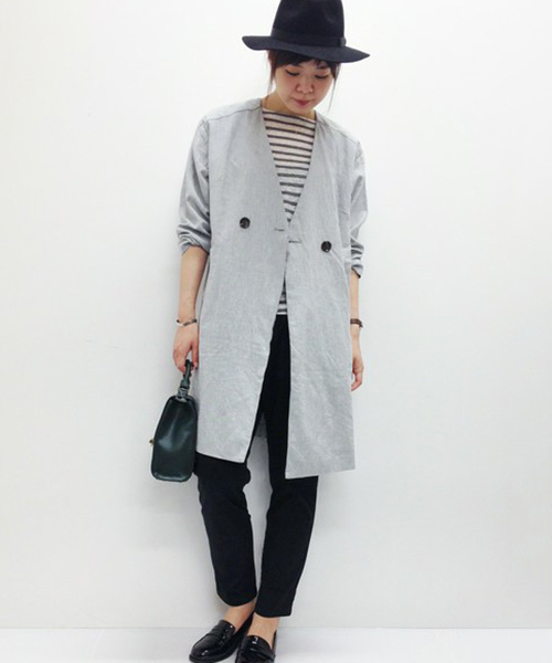 LBC（エルビーシー）の「コットンリネンノーカラーコート（チェスターコート・レディース・ライトグレー/ブラック・LARGE/MEDIUM）」の2枚目の写真