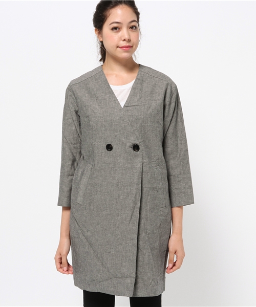 LBC（エルビーシー）の「コットンリネンノーカラーコート（チェスターコート・レディース・ライトグレー/ブラック・LARGE/MEDIUM）」の3枚目の写真