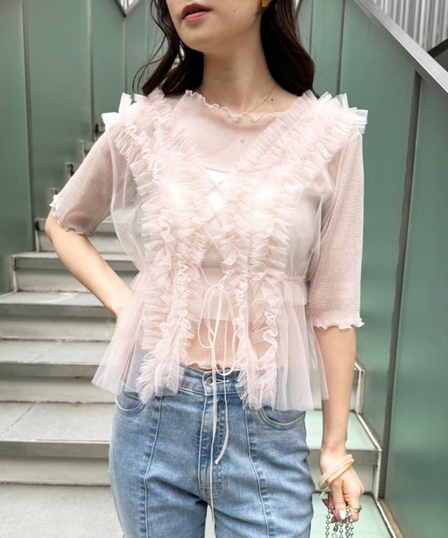 one after another NICE CLAUP（ワンアフターアナザーナイスクラップ）の「シアー半袖トップス（Tシャツ/カットソー・レディース・チャコールグレー/ホワイト/アイボリー/ピンク・FREE）」の4枚目の写真