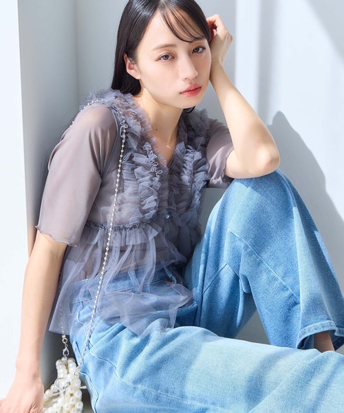 one after another NICE CLAUP（ワンアフターアナザーナイスクラップ）の「シアー半袖トップス（Tシャツ/カットソー・レディース・チャコールグレー/ホワイト/アイボリー/ピンク・FREE）」の3枚目の写真
