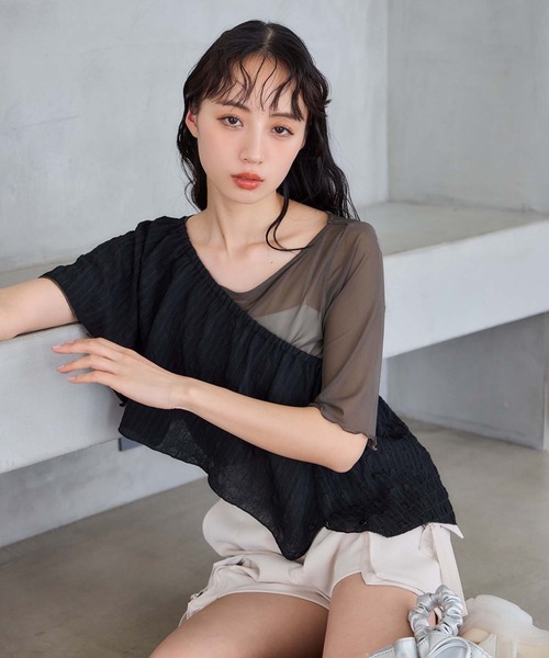 one after another NICE CLAUP（ワンアフターアナザーナイスクラップ）の「シアー半袖トップス（Tシャツ/カットソー・レディース・チャコールグレー/ホワイト/アイボリー/ピンク・FREE）」の12枚目の写真