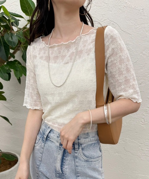 one after another NICE CLAUP（ワンアフターアナザーナイスクラップ）の「シアー半袖トップス（Tシャツ/カットソー・レディース・チャコールグレー/ホワイト/アイボリー/ピンク・FREE）」の15枚目の写真