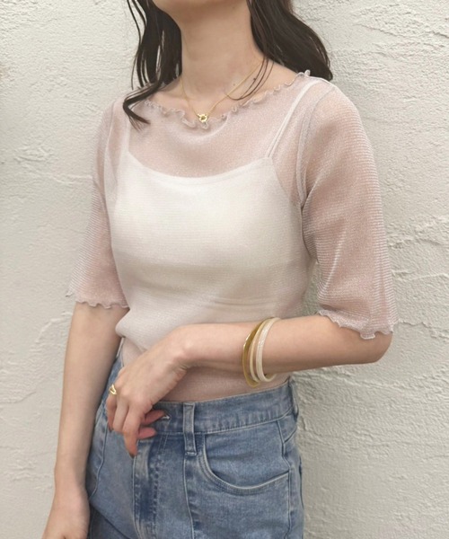 one after another NICE CLAUP（ワンアフターアナザーナイスクラップ）の「シアー半袖トップス（Tシャツ/カットソー・レディース・チャコールグレー/ホワイト/アイボリー/ピンク・FREE）」の19枚目の写真