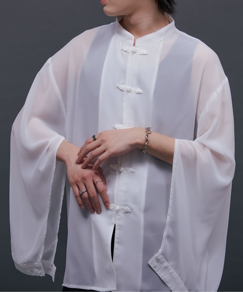 Ellno Loset（エルノロゼット）の「2wayスリットチャイナシアーシャツ（シャツ/ブラウス・メンズ・ブラック/オフホワイト/ダークパープル/ブルーグレー・MEDIUM/SMALL/LARGE）」の2枚目の写真