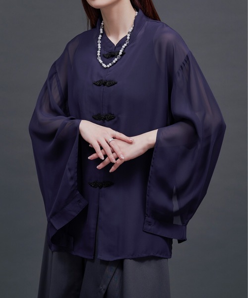 Ellno Loset（エルノロゼット）の「2wayスリットチャイナシアーシャツ（シャツ/ブラウス・メンズ・ブラック/オフホワイト/ダークパープル/ブルーグレー・MEDIUM/SMALL/LARGE）」の4枚目の写真