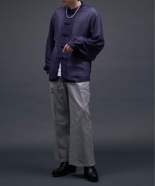 Ellno Loset（エルノロゼット）の「2wayスリットチャイナシアーシャツ（シャツ/ブラウス・メンズ・ブラック/オフホワイト/ダークパープル/ブルーグレー・MEDIUM/SMALL/LARGE）」の11枚目の写真