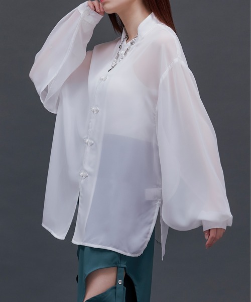 Ellno Loset（エルノロゼット）の「2wayスリットチャイナシアーシャツ（シャツ/ブラウス・メンズ・ブラック/オフホワイト/ダークパープル/ブルーグレー・MEDIUM/SMALL/LARGE）」の16枚目の写真