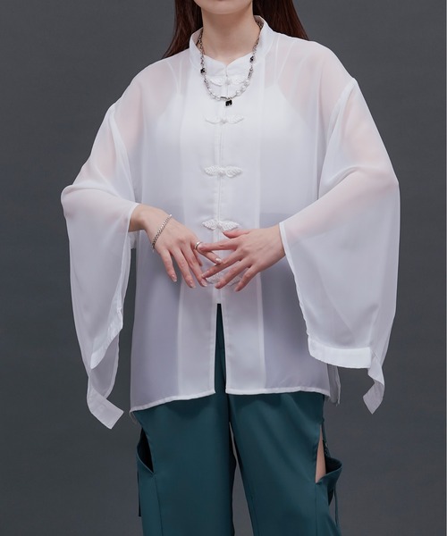 Ellno Loset（エルノロゼット）の「2wayスリットチャイナシアーシャツ（シャツ/ブラウス・メンズ・ブラック/オフホワイト/ダークパープル/ブルーグレー・MEDIUM/SMALL/LARGE）」の17枚目の写真