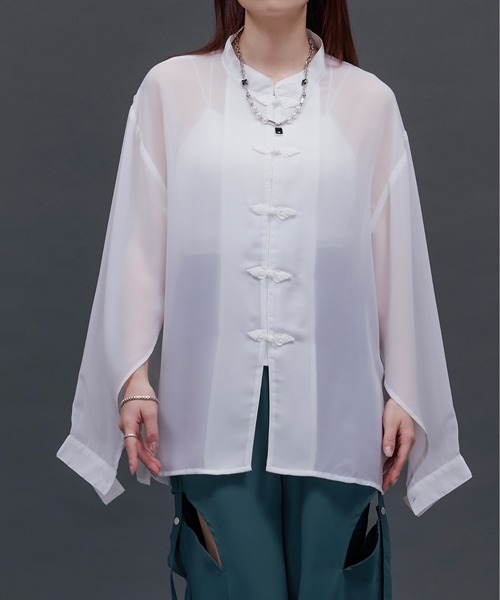 Ellno Loset（エルノロゼット）の「2wayスリットチャイナシアーシャツ（シャツ/ブラウス・メンズ・ブラック/オフホワイト/ダークパープル/ブルーグレー・MEDIUM/SMALL/LARGE）」の18枚目の写真