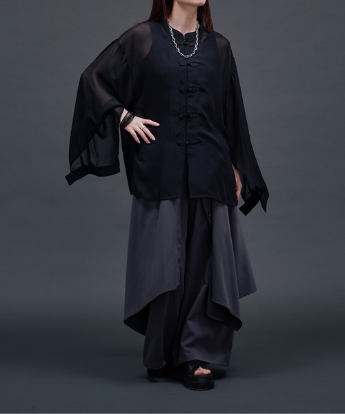 Ellno Loset（エルノロゼット）の「2wayスリットチャイナシアーシャツ（シャツ/ブラウス・メンズ・ブラック/オフホワイト/ダークパープル/ブルーグレー・MEDIUM/SMALL/LARGE）」の6枚目の写真