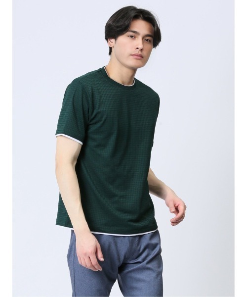 TAKA-Q(タカキュー)の「タカキュー リンクス千鳥 クルーネック 半袖 Tシャツ(Tシャツ/カットソー・メンズ・ブラック/ホワイト/グリーン・MEDIUM/LARGE/X-LARGE)」の1枚目の写真