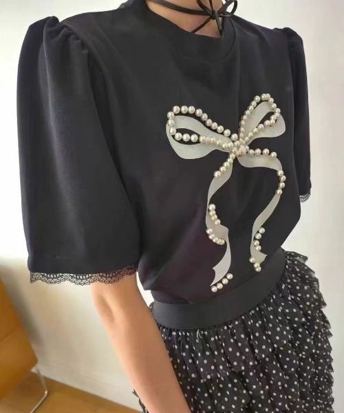 Gs(ジーエス)の「パールリボンデザインオーバーTee(Tシャツ/カットソー・レディース・ブラック/ホワイト・FREE)」の1枚目の写真