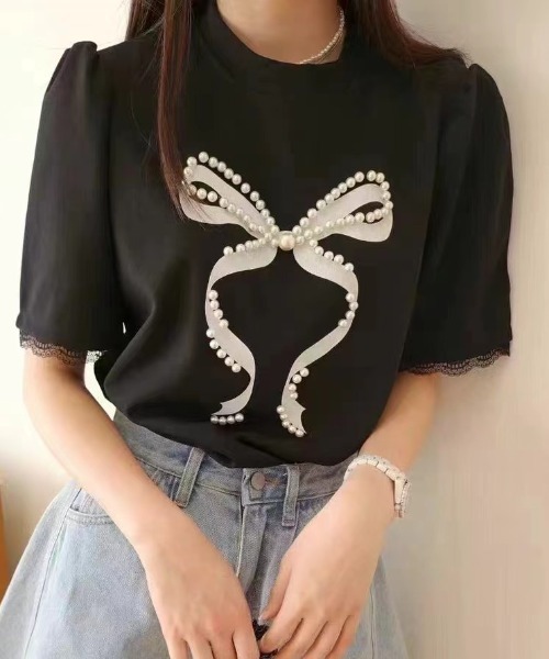 Gs(ジーエス)の「パールリボンデザインオーバーTee(Tシャツ/カットソー・レディース・ブラック/ホワイト・FREE)」の3枚目の写真