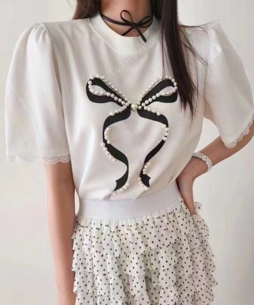 Gs(ジーエス)の「パールリボンデザインオーバーTee(Tシャツ/カットソー・レディース・ブラック/ホワイト・FREE)」の4枚目の写真