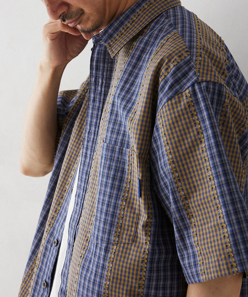 GERRY（ジェリー）の「GERRY／ジェリー 別注 切替チェック半袖シャツ（シャツ/ブラウス・メンズ・ブルー系その他/カーキ/マスタード・LARGE/MEDIUM）」の3枚目の写真