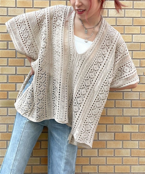 GORGE(ゴージ)の「《透かし編み×モモンガシルエット》レディース ニットプルオーバー 体型カバー 春夏秋(その他トップス・レディース・ブラック/ベージュ/アイボリー/グリーン/ボルドー・F)」の3枚目の写真