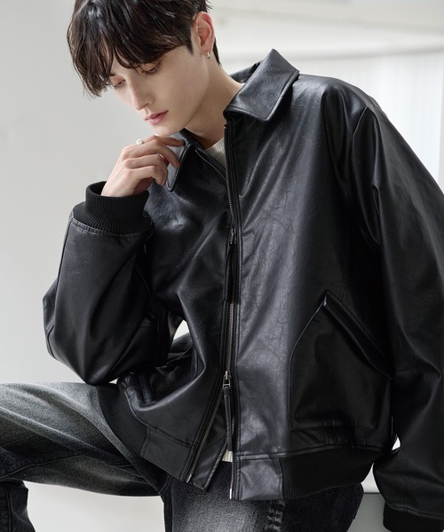 セール】中綿入り ヴィンテージPU合皮ショート丈ブルゾン（ブルゾン