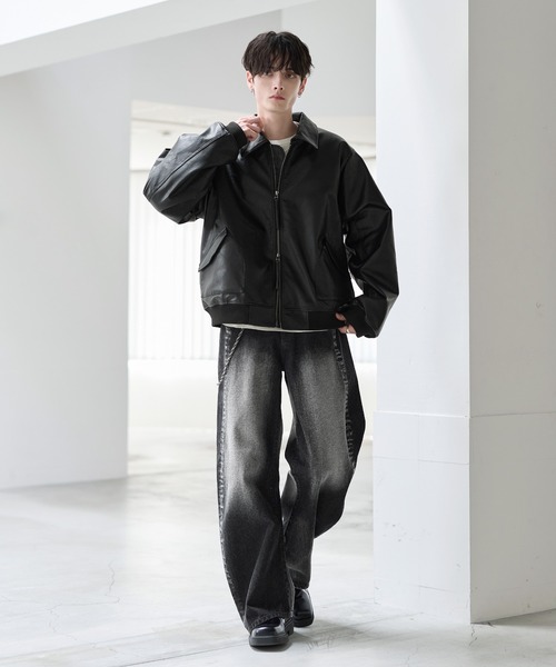 中綿入り ヴィンテージPU合皮ショート丈ブルゾン（ブルゾン