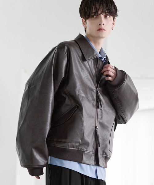 中綿入り ヴィンテージPU合皮ショート丈ブルゾン（ブルゾン